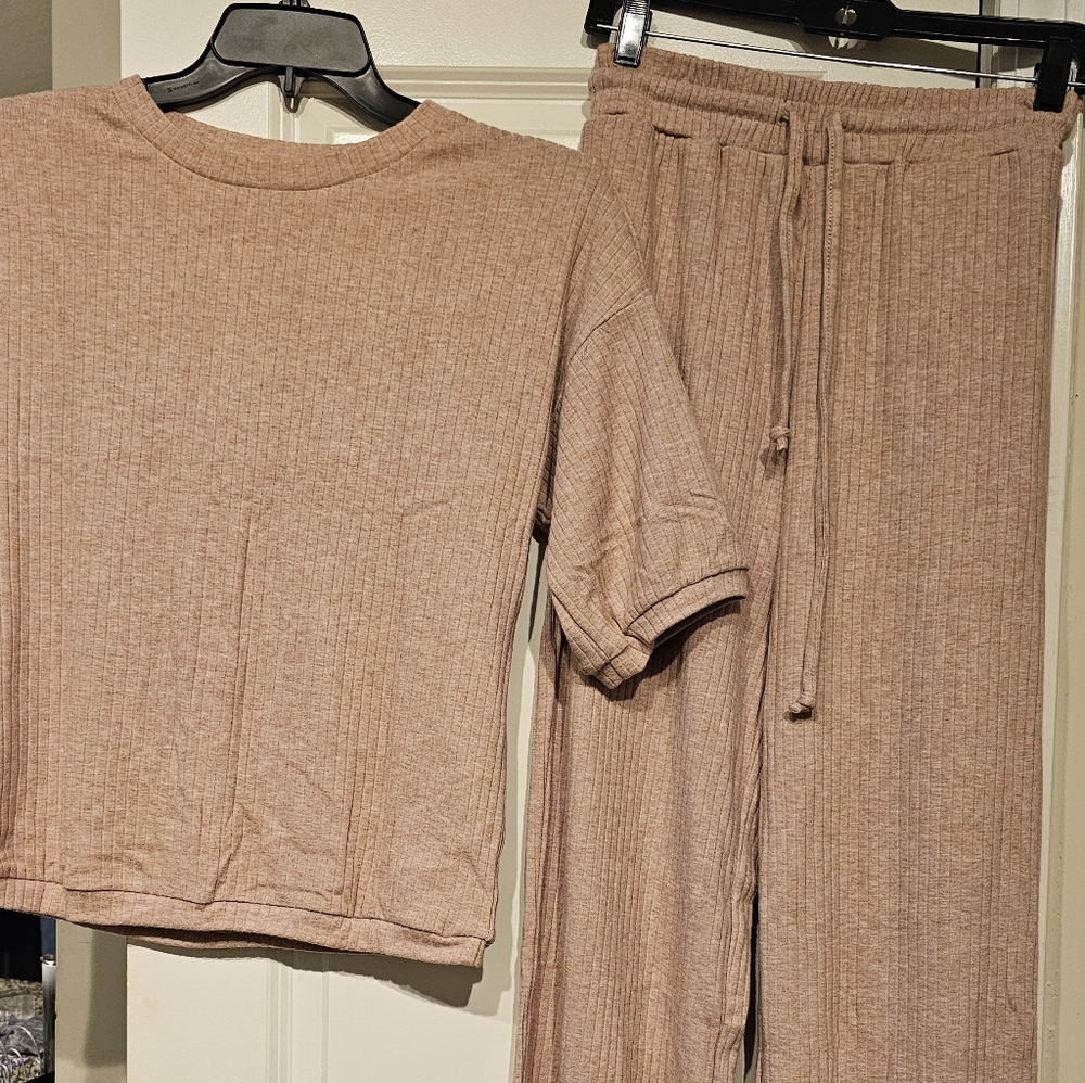 AOHITE Cozy Ribbed Soft PINK Lounge Set